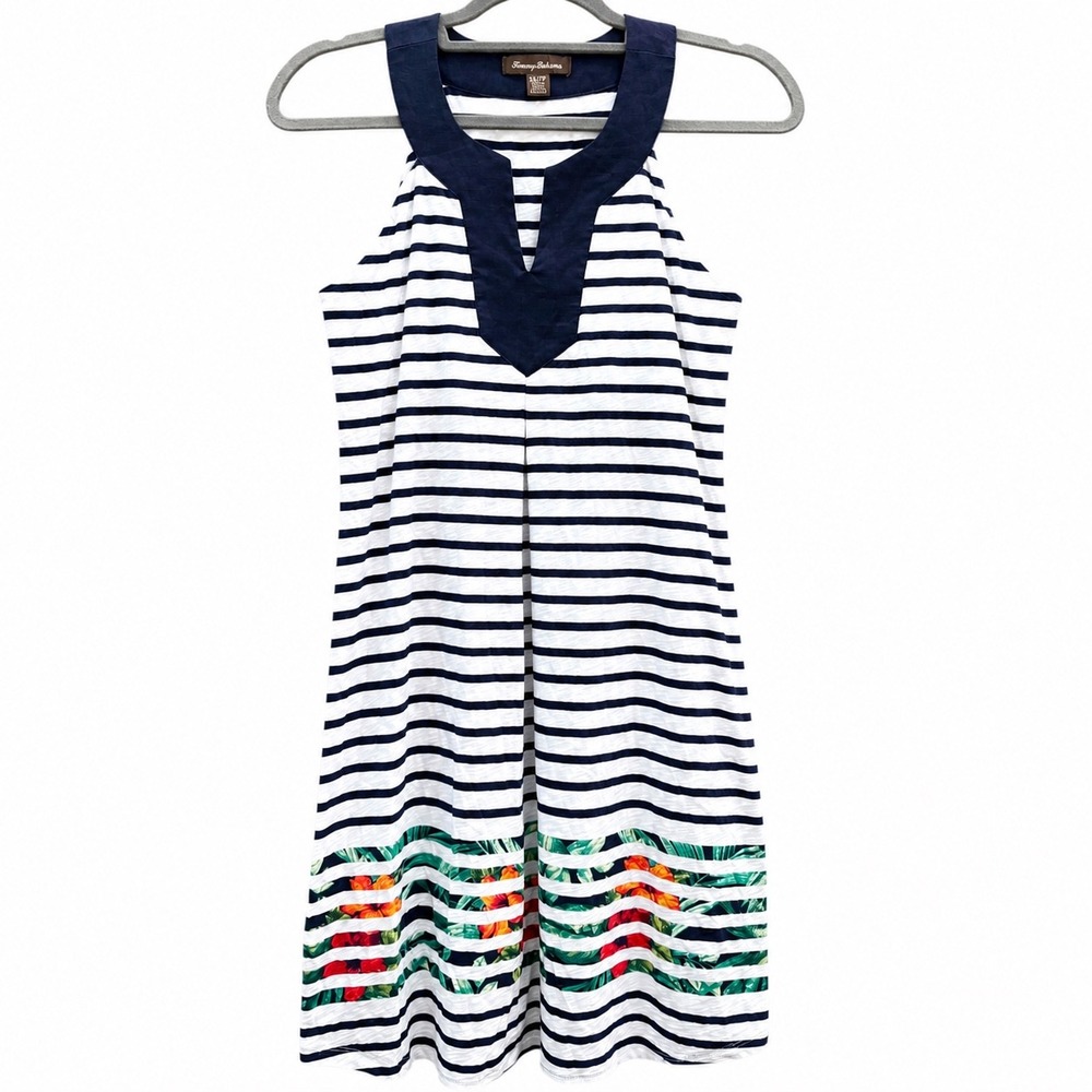 Tommy Bahama Womens XS Dress White Navy Blue Striped Tropical Floral Linen Trim